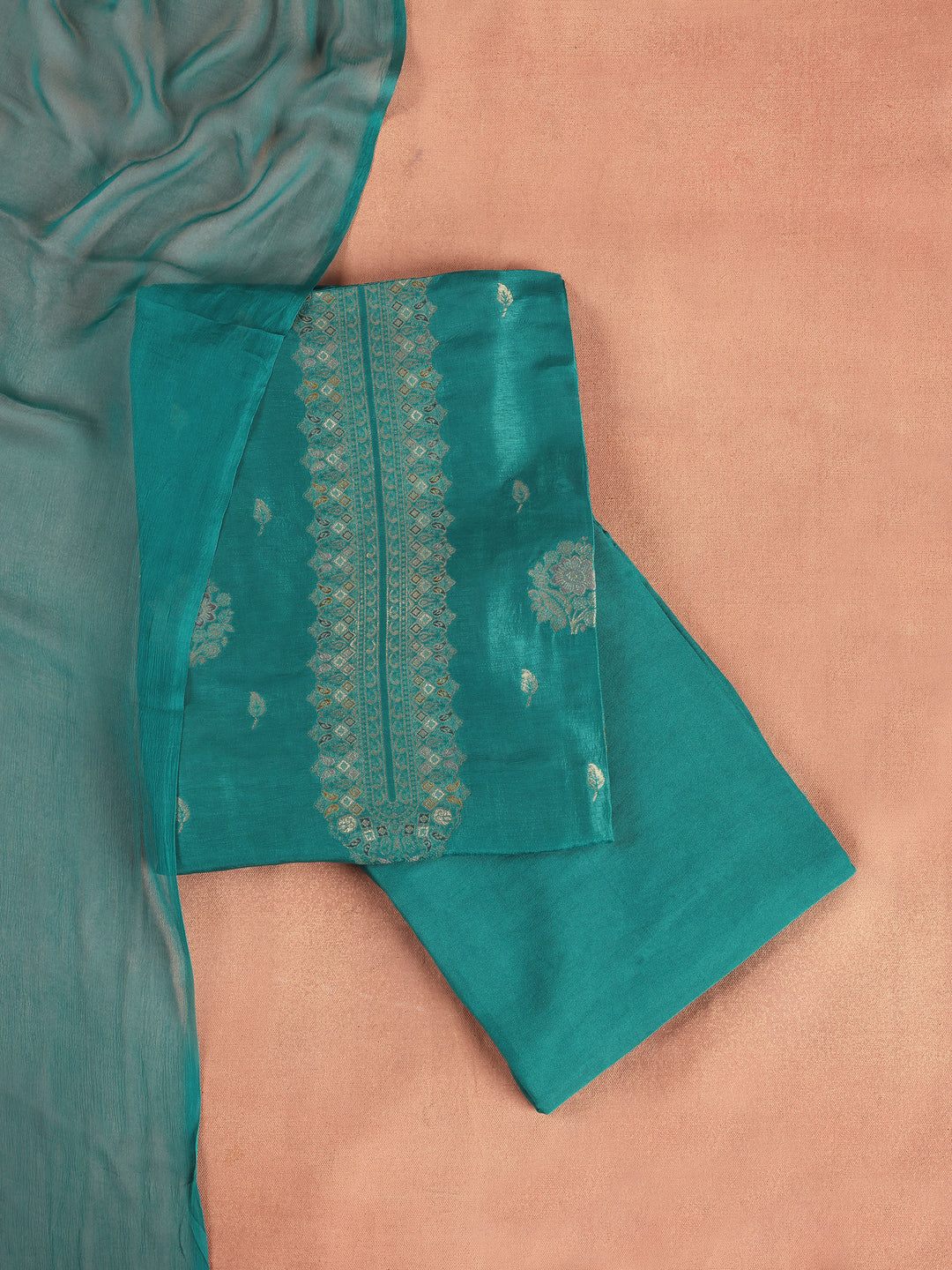 Teal Embroidered Silk Blend Dress Material With Dupatta