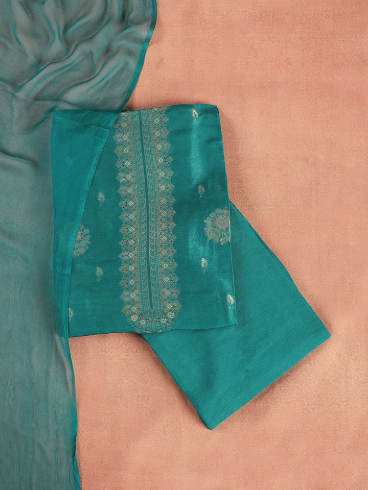 Teal Embroidered Silk Blend Dress Material With Dupatta