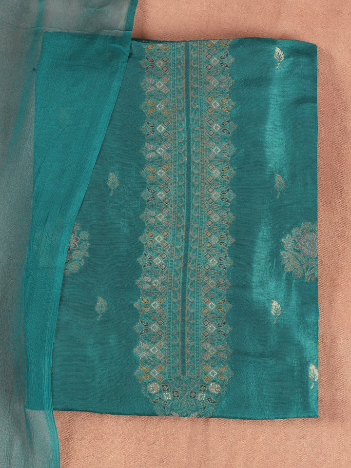 Teal Embroidered Silk Blend Dress Material With Dupatta