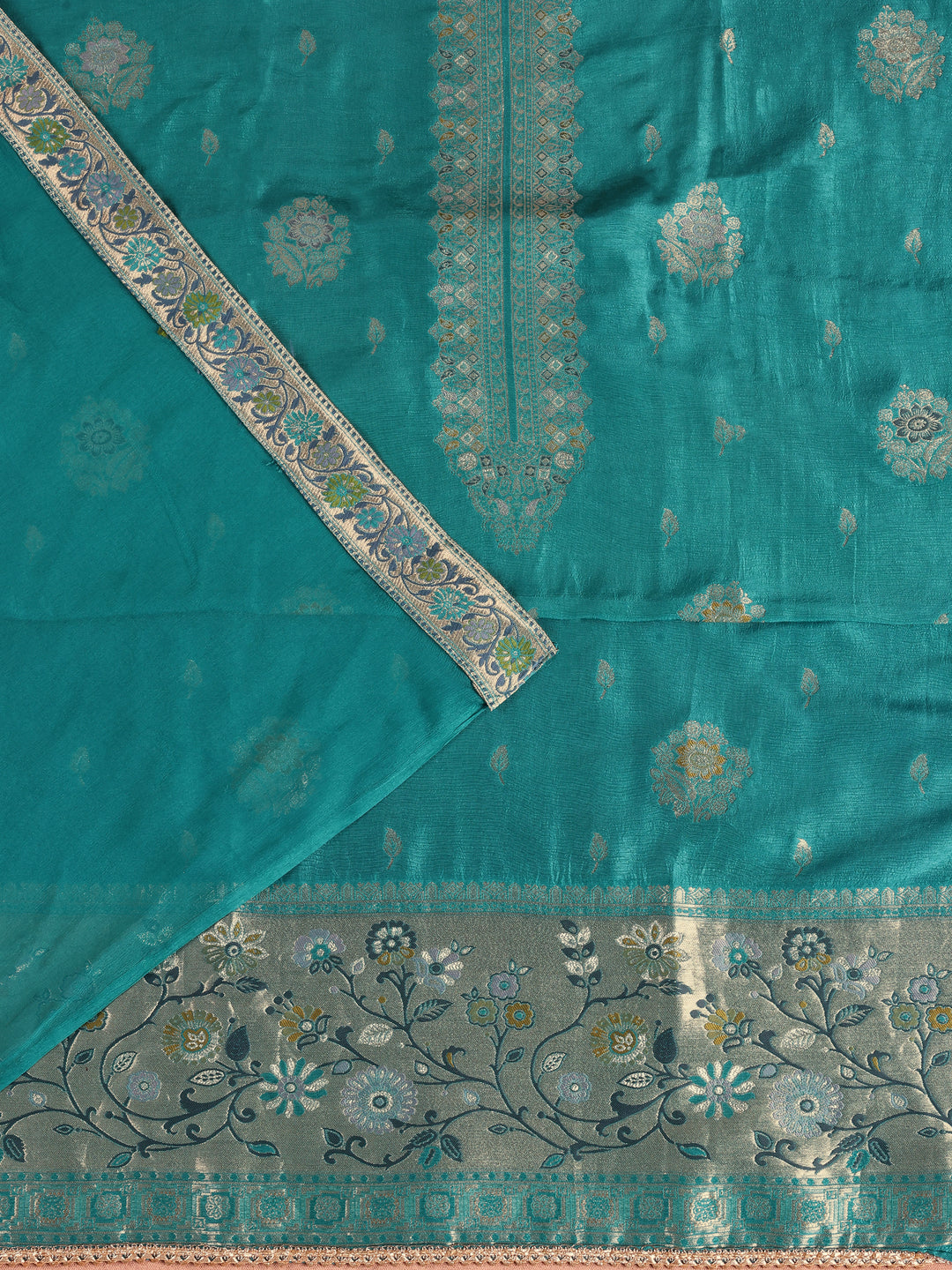 Teal Embroidered Silk Blend Dress Material With Dupatta