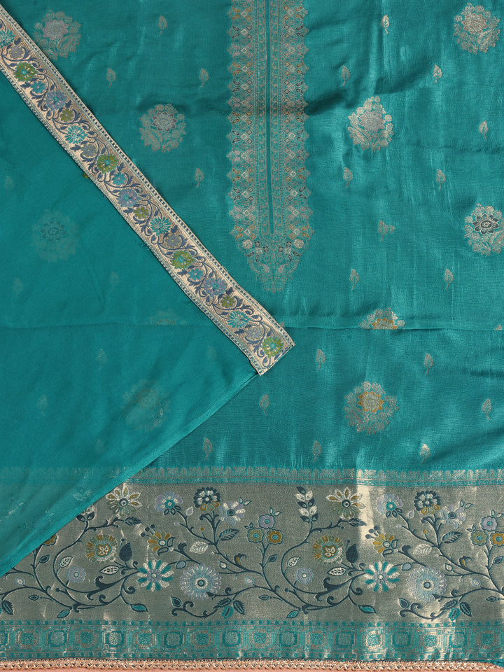 Teal Embroidered Silk Blend Dress Material With Dupatta