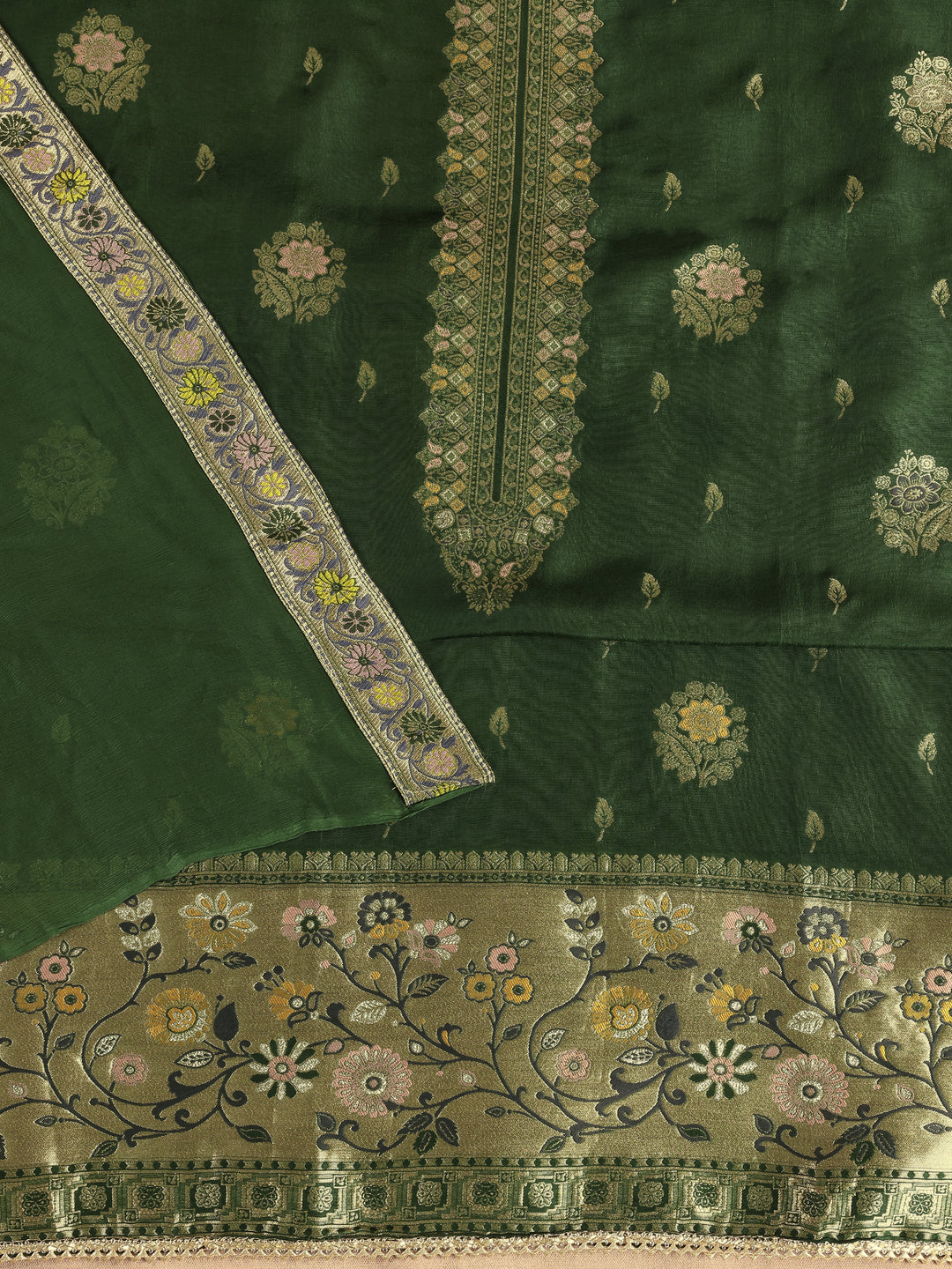 Green Woven Design Silk Blend Dress Material Dress With Dupatta