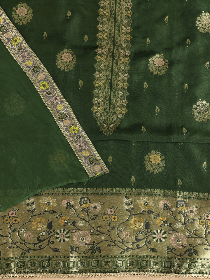 Green Woven Design Silk Blend Dress Material Dress With Dupatta