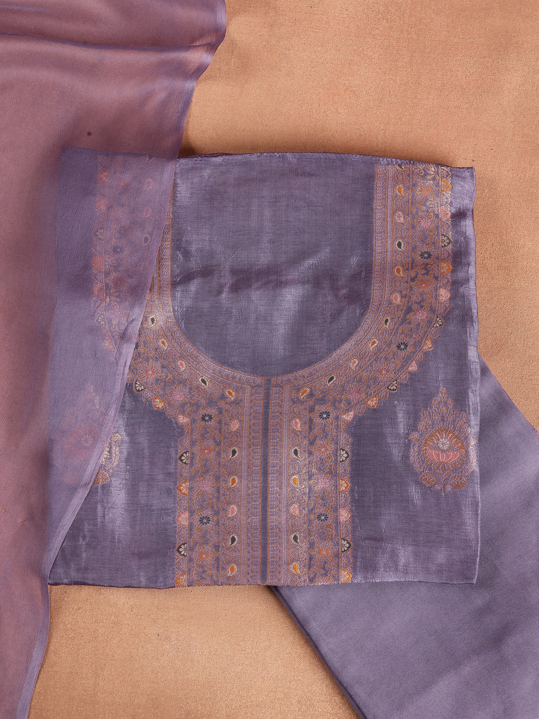 Purple Woven Design Silk Blend Dress Material With Dupatta