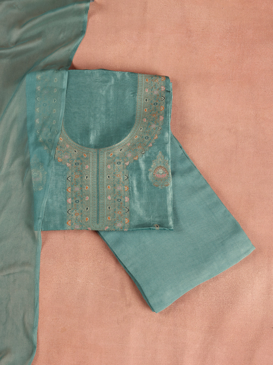 Blue Woven Design Silk Blend Dress Material With Dupatta