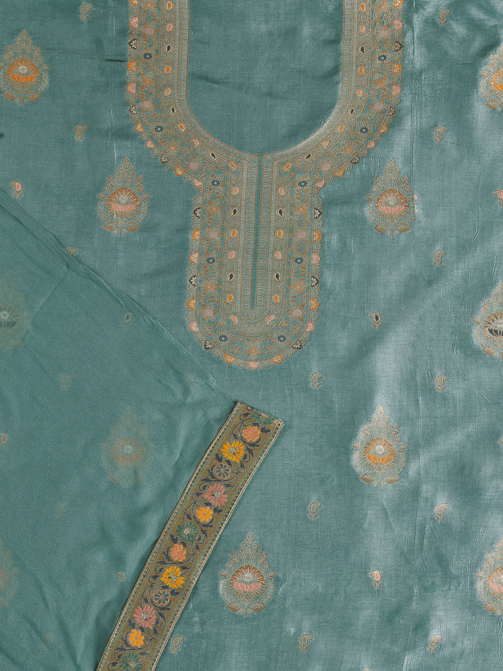 Blue Woven Design Silk Blend Dress Material With Dupatta