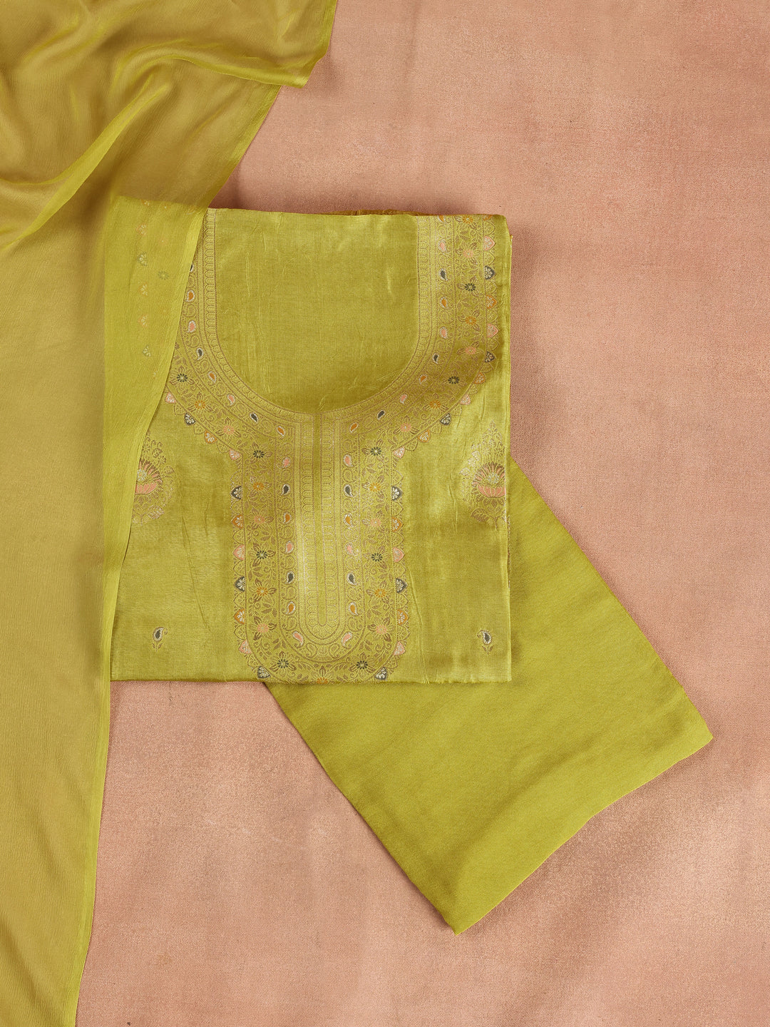 Lime Green Woven Design Silk Blend Dress Material With Dupatta