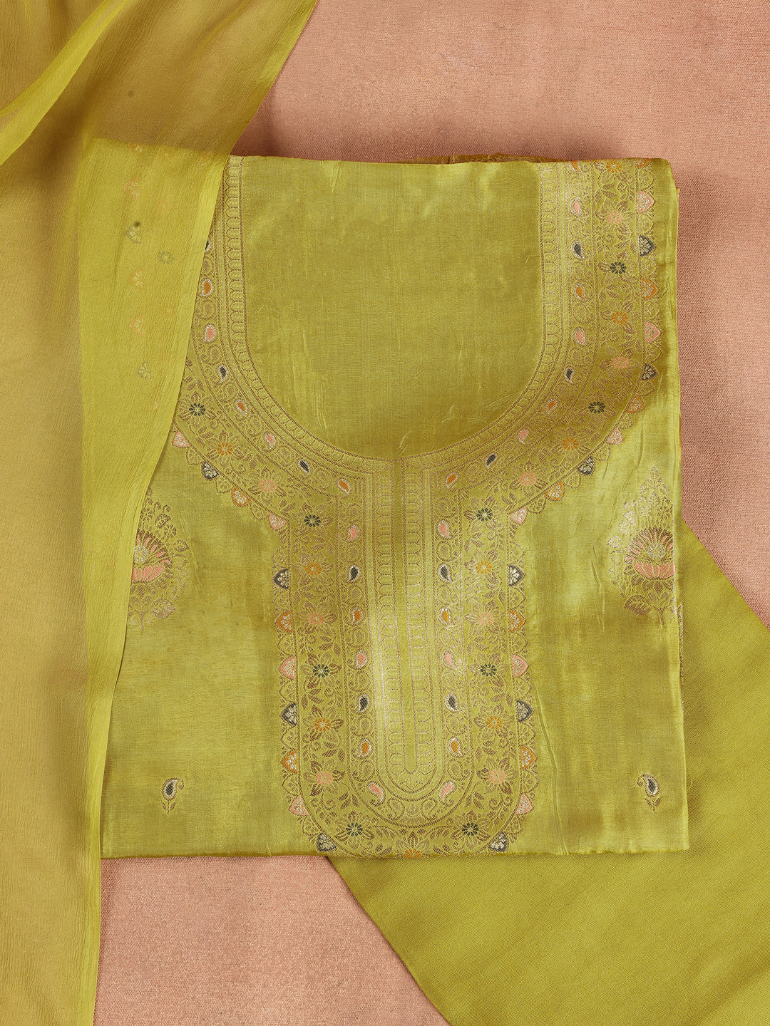 Lime Green Woven Design Silk Blend Dress Material With Dupatta