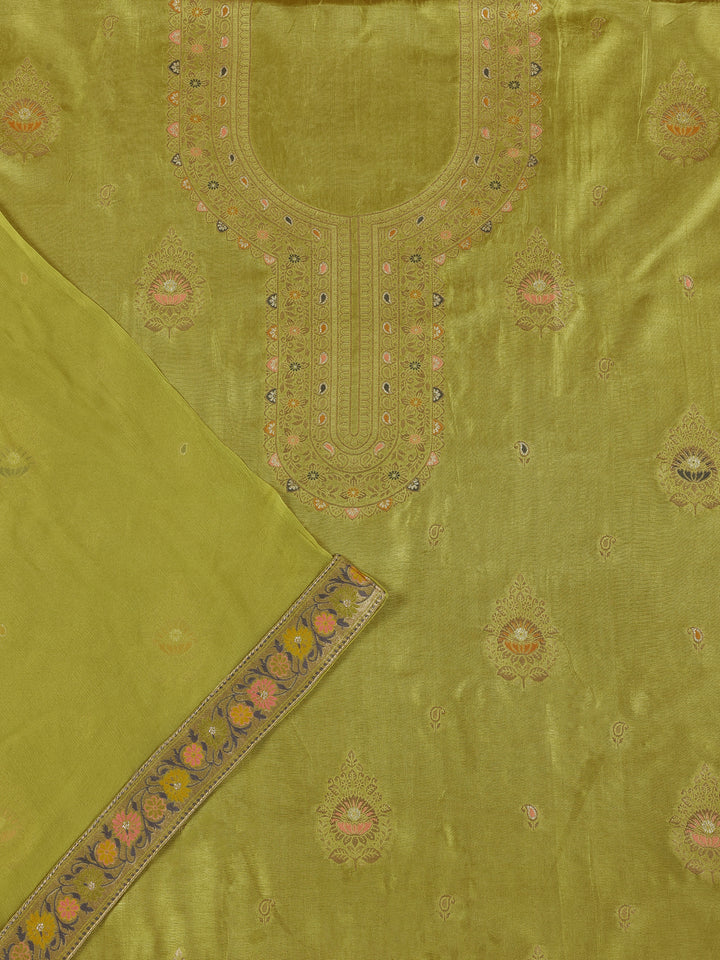 Lime Green Woven Design Silk Blend Dress Material With Dupatta