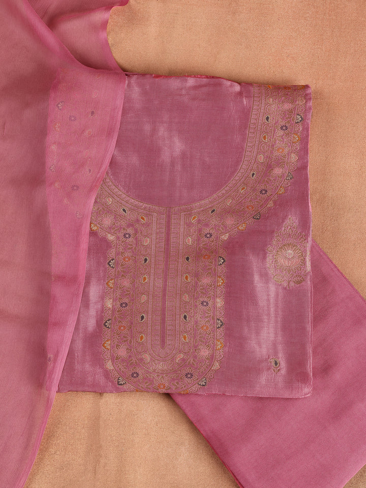 Pink Woven Design Silk Blend Dress Material With Dupatta