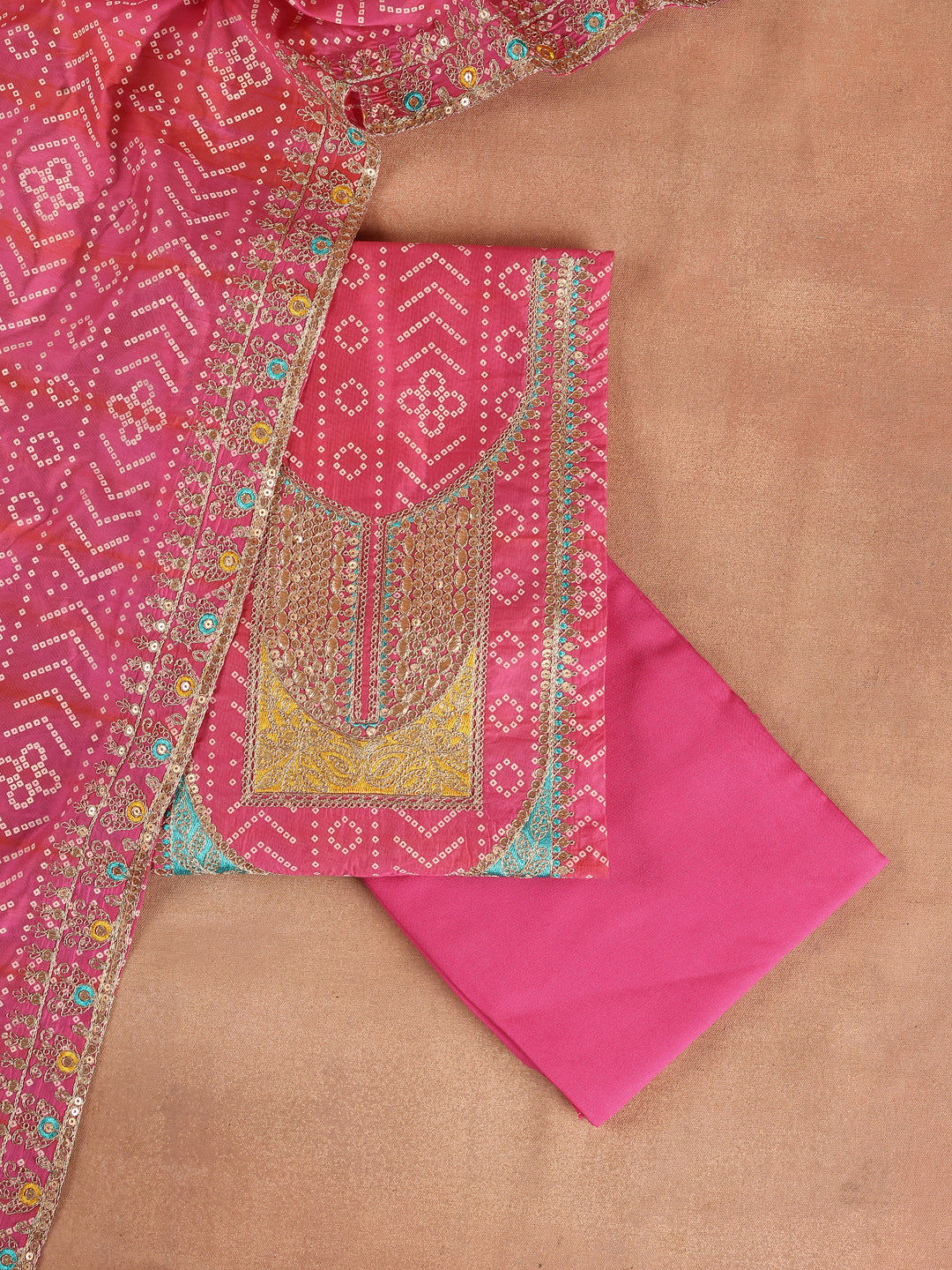 Pink Printed Silk Blend Dress Material With Dupatta