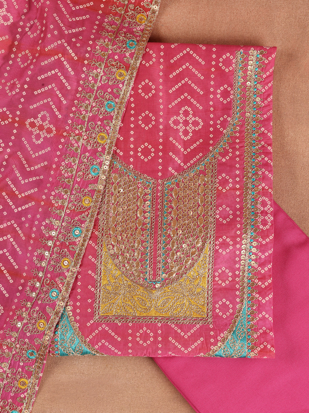 Pink Printed Silk Blend Dress Material With Dupatta