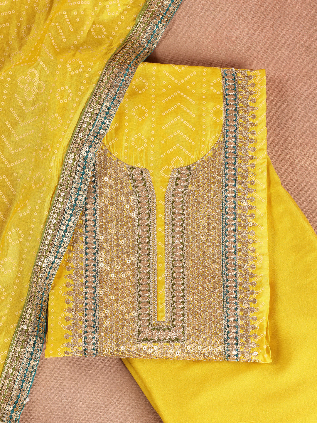 Yellow Embroidered Silk Blend Dress Material With Dupatta