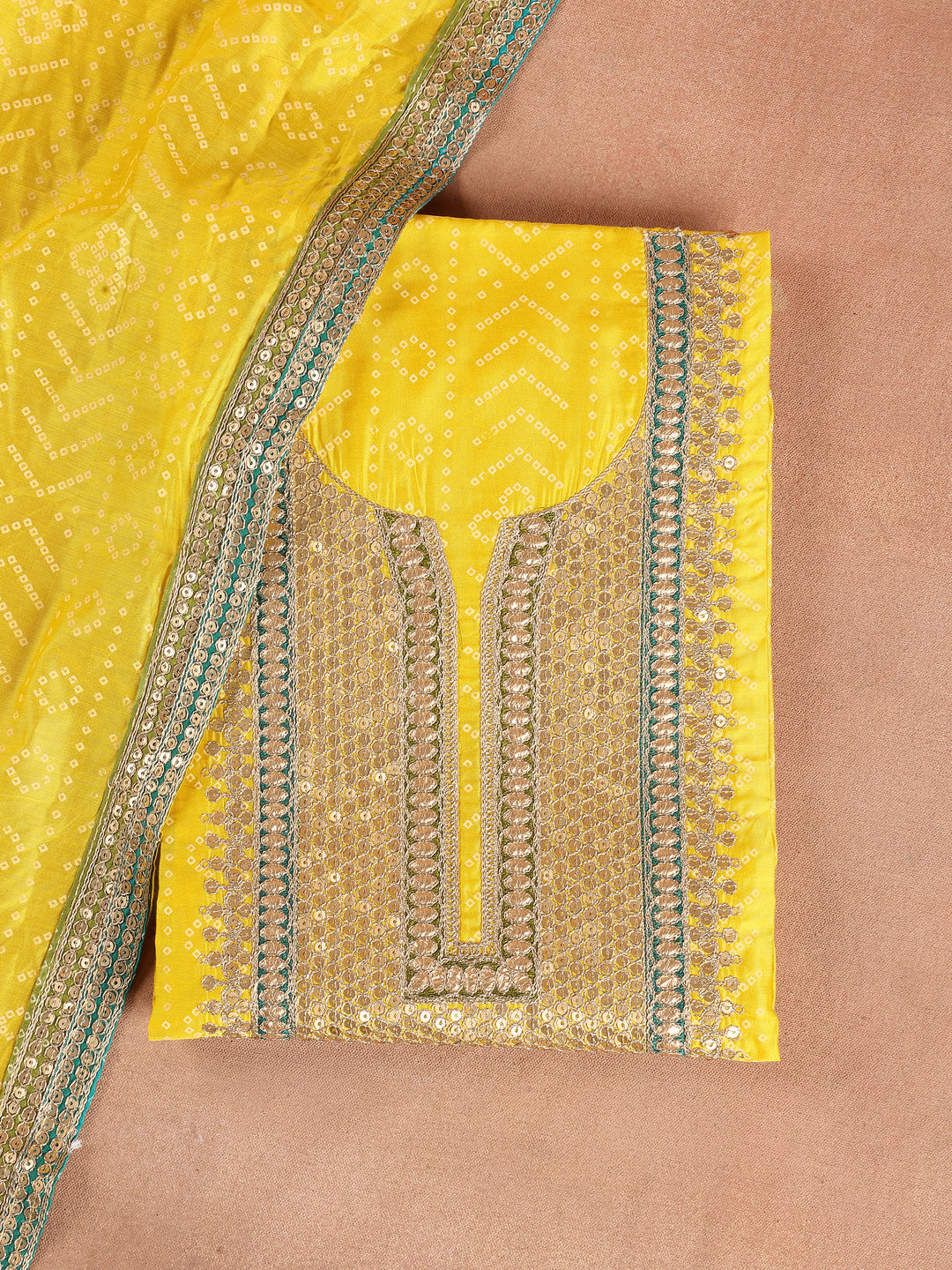 Yellow Embroidered Silk Blend Dress Material With Dupatta
