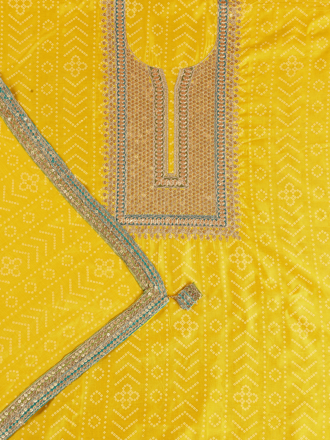 Yellow Embroidered Silk Blend Dress Material With Dupatta