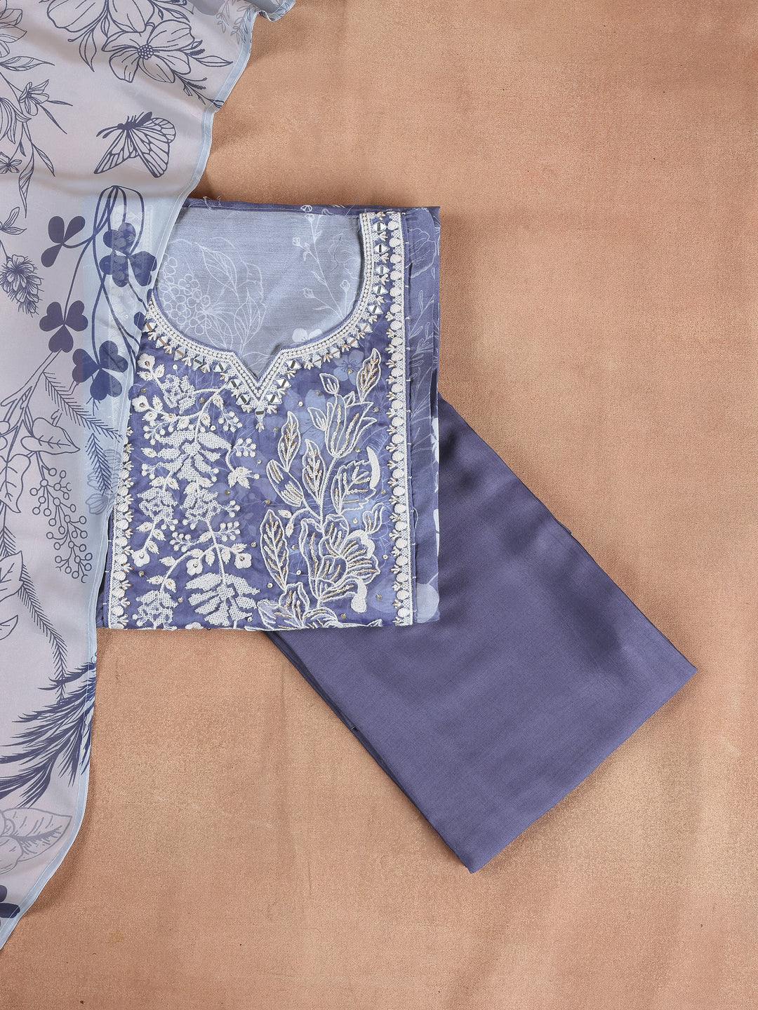 Mauve Printed Silk Blend Semi Stitched Suit Set