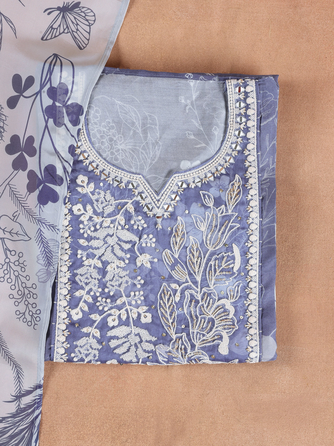 Mauve Printed Silk Blend Semi Stitched Suit Set