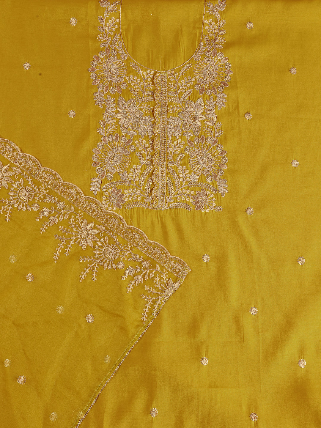Mustard Embroidered Silk Blend Dress Material With Dupatta