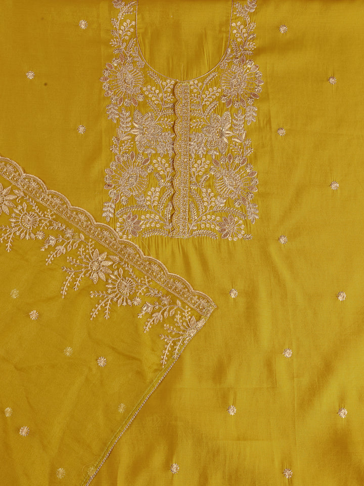 Mustard Embroidered Silk Blend Dress Material With Dupatta