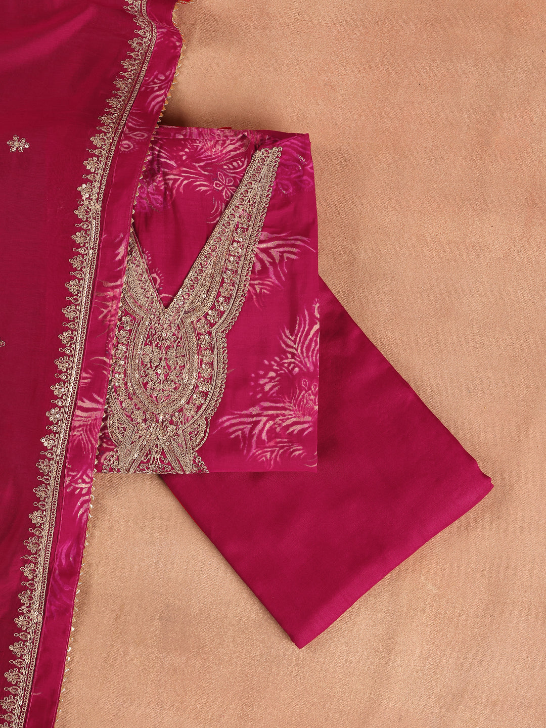 Pink Printed Silk Blend Dress Material With Dupatta