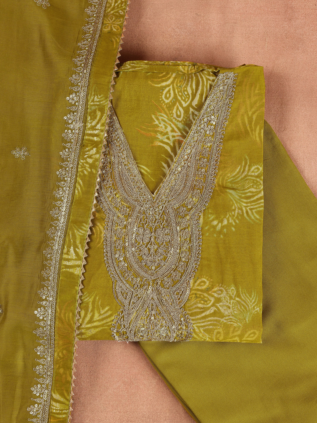 Green Printed Silk Blend Dress Material With Dupatta