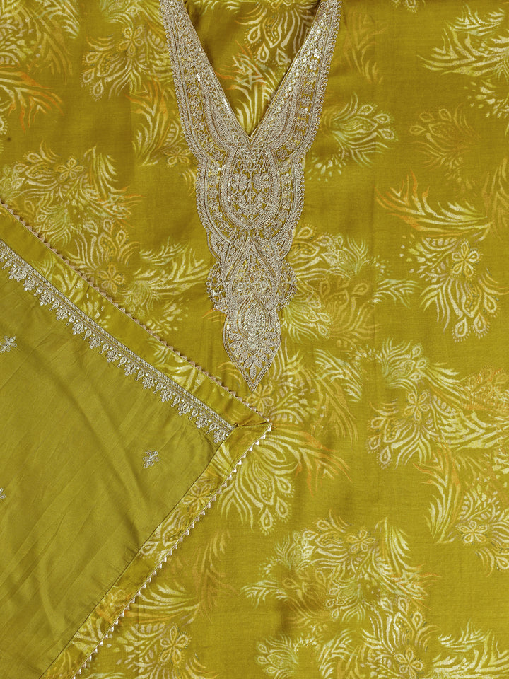 Green Printed Silk Blend Dress Material With Dupatta
