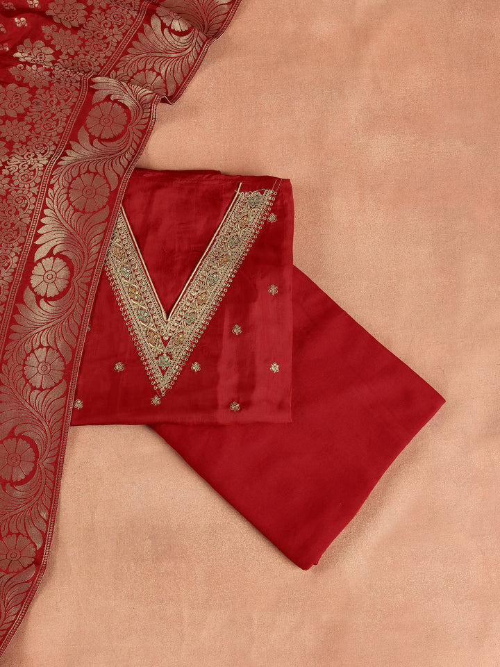 Red Embroidered Silk Blend Dress Material With Dupatta