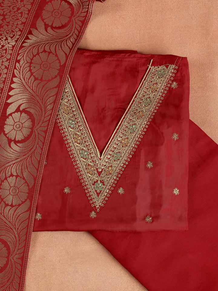 Red Embroidered Silk Blend Dress Material With Dupatta