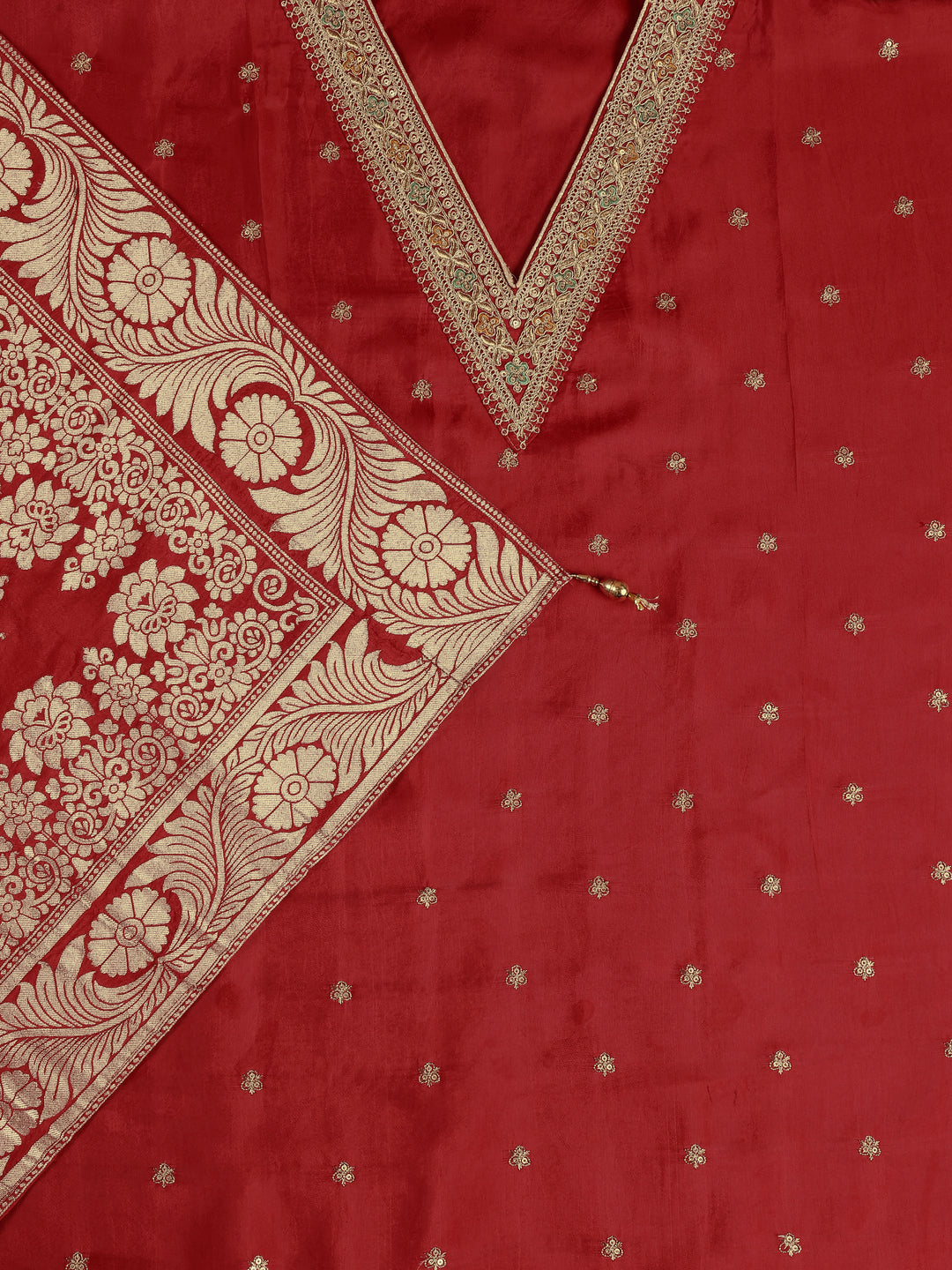 Red Embroidered Silk Blend Dress Material With Dupatta