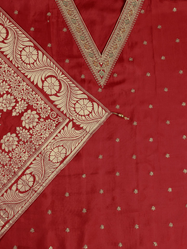 Red Embroidered Silk Blend Dress Material With Dupatta