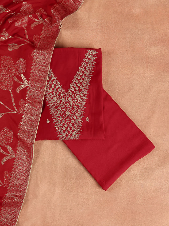 Red Printed Silk Blend Dress Material With Dupatta