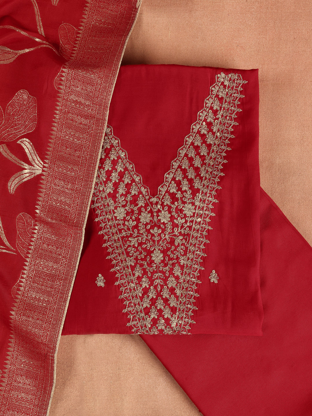 Red Printed Silk Blend Dress Material With Dupatta