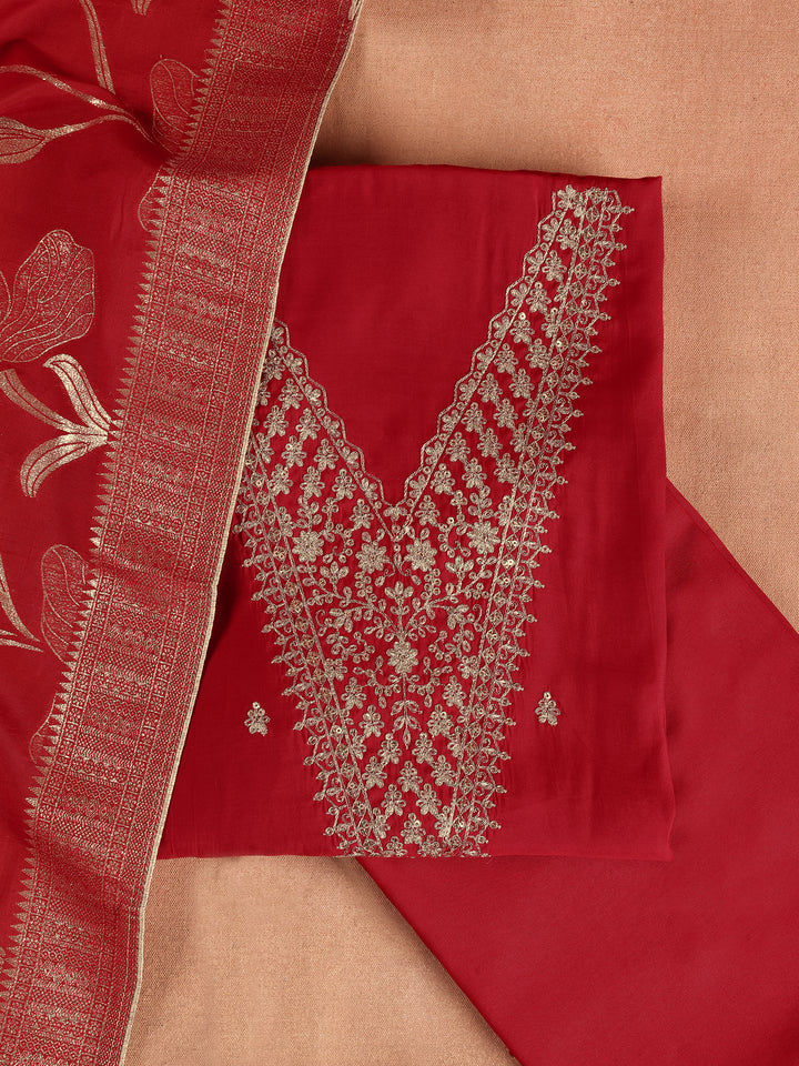 Red Printed Silk Blend Dress Material With Dupatta