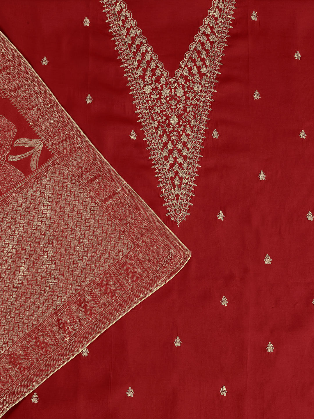 Red Printed Silk Blend Dress Material With Dupatta