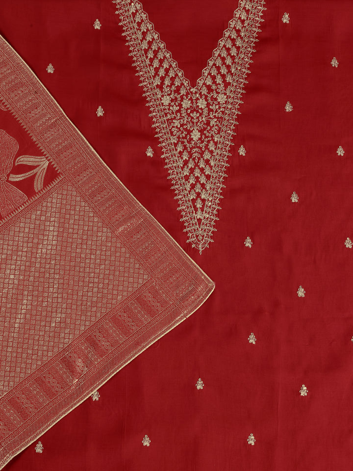 Red Printed Silk Blend Dress Material With Dupatta