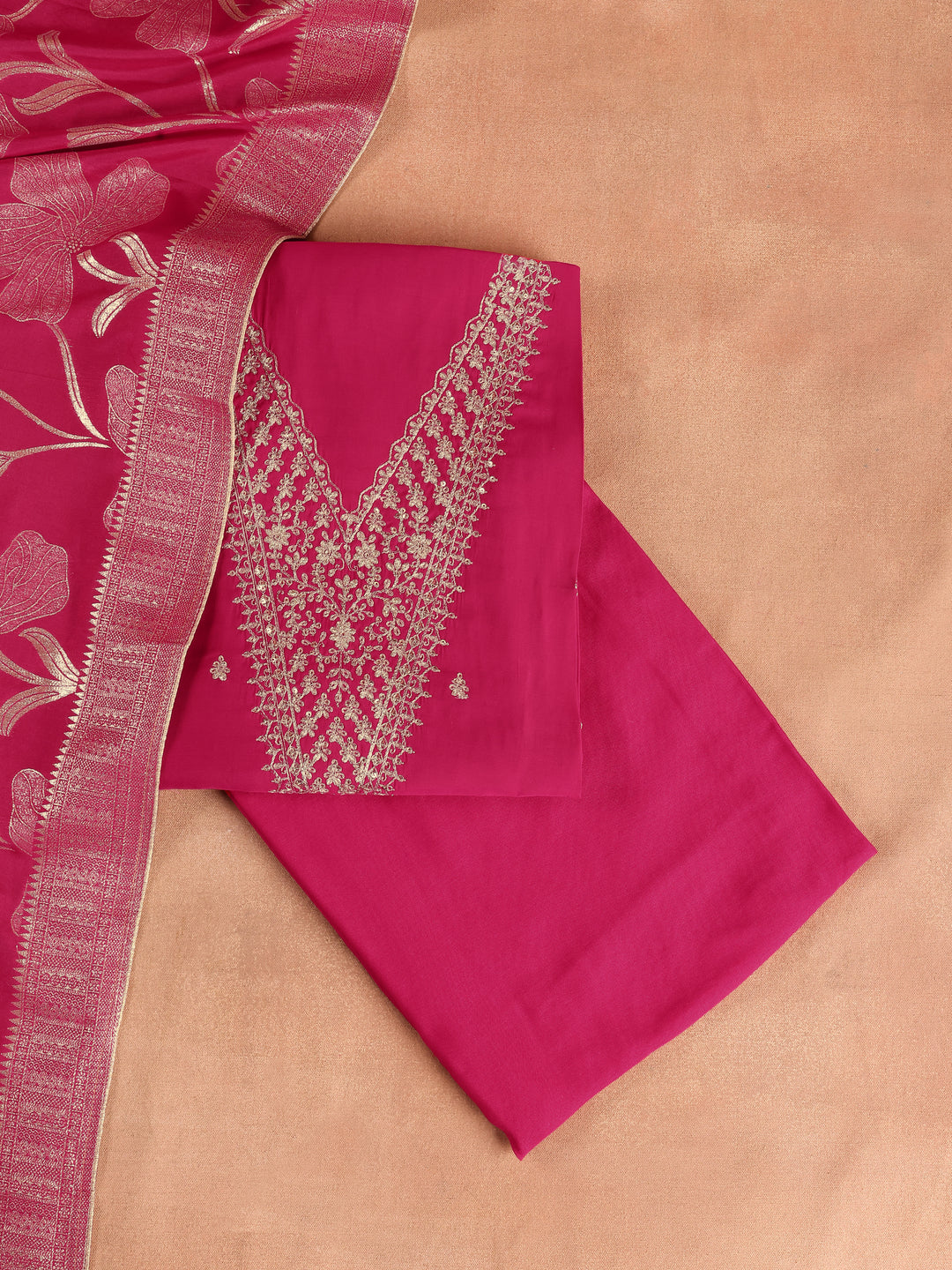 Pink Printed Silk Blend Dress Material With Dupatta