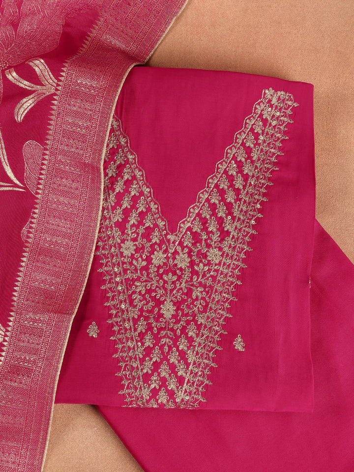 Pink Printed Silk Blend Dress Material With Dupatta