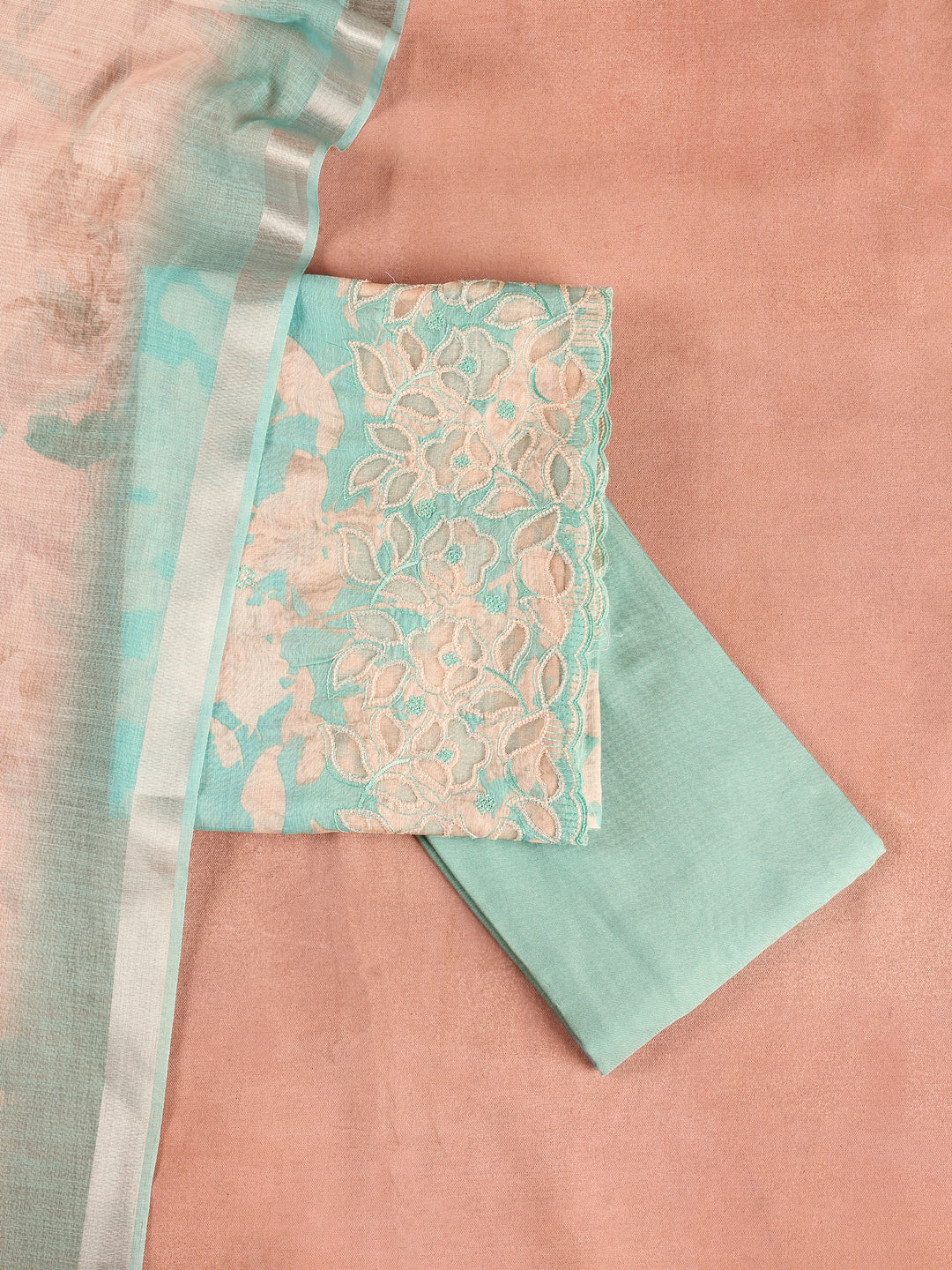 Blue Embroidered Cotton Blend Dress Material With Dupatta