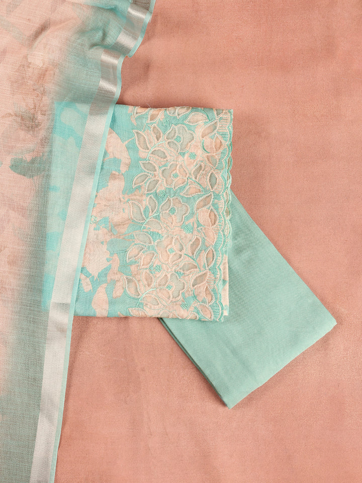 Blue Embroidered Cotton Blend Dress Material With Dupatta