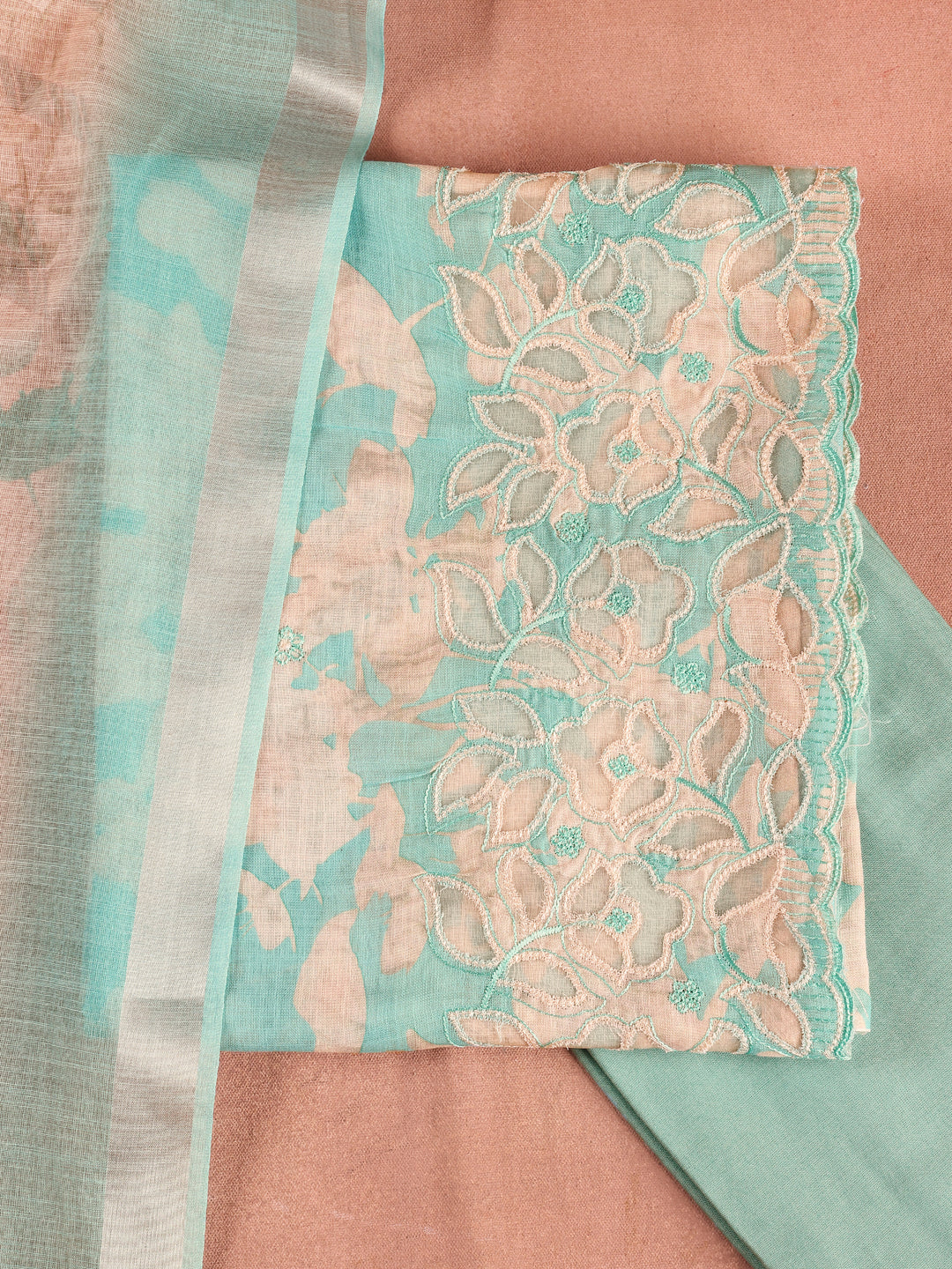Blue Embroidered Cotton Blend Dress Material With Dupatta