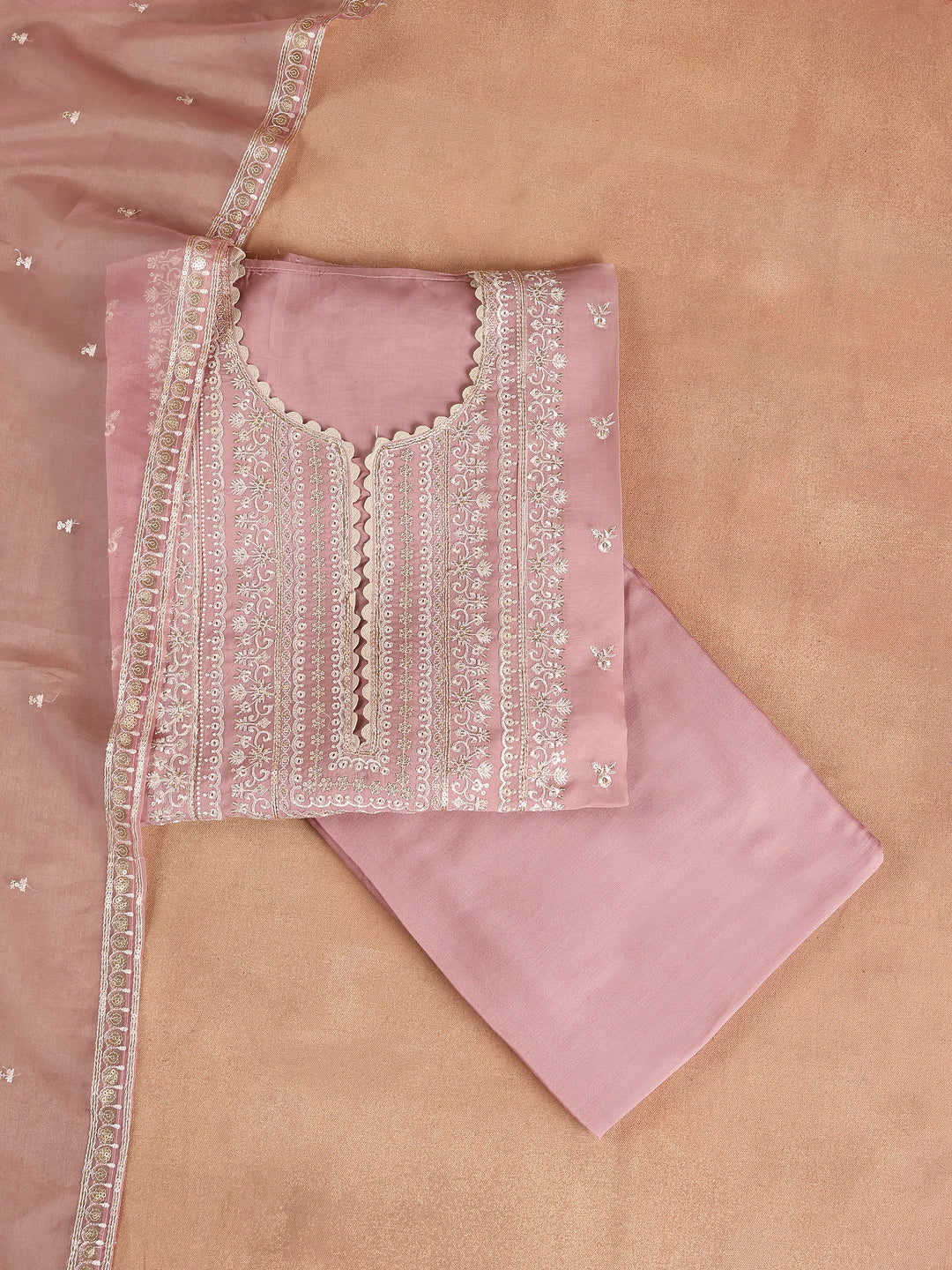 Pink Embroidered Organza Dress Material With Dupatta