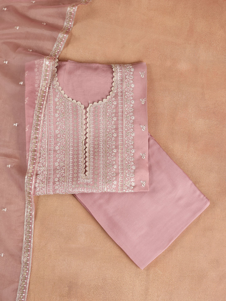 Pink Embroidered Organza Dress Material With Dupatta
