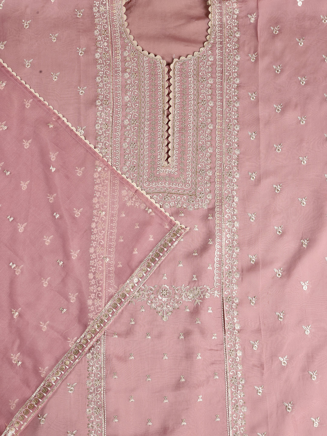 Pink Embroidered Organza Dress Material With Dupatta