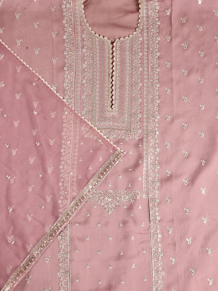 Pink Embroidered Organza Dress Material With Dupatta