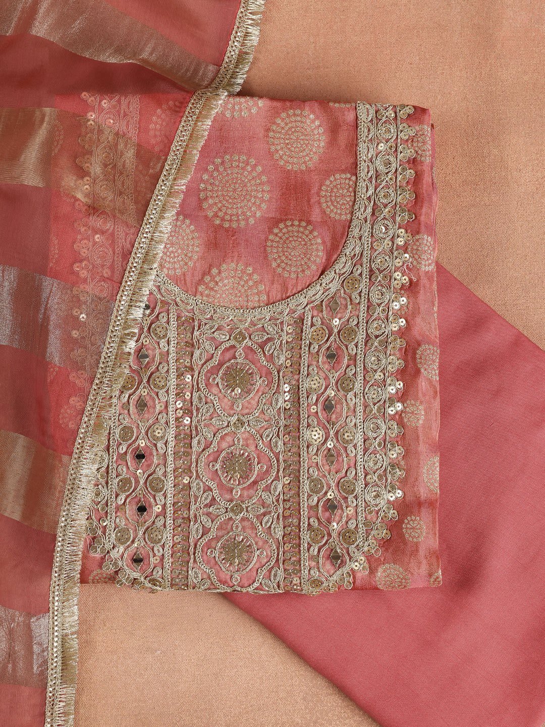 Coral Printed Organza Dress Material With Dupatta