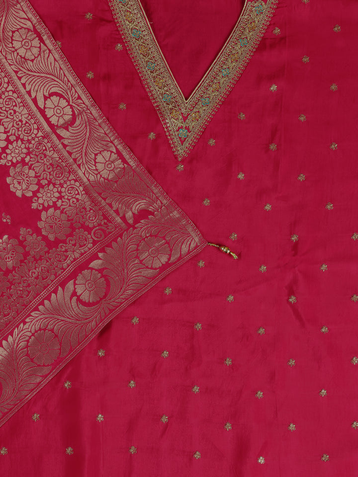 Pink Printed Silk Blend Dress Material With Dupatta