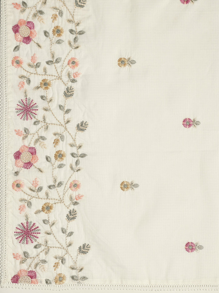 White Embroidered Silk blend Dress Material With Dupatta