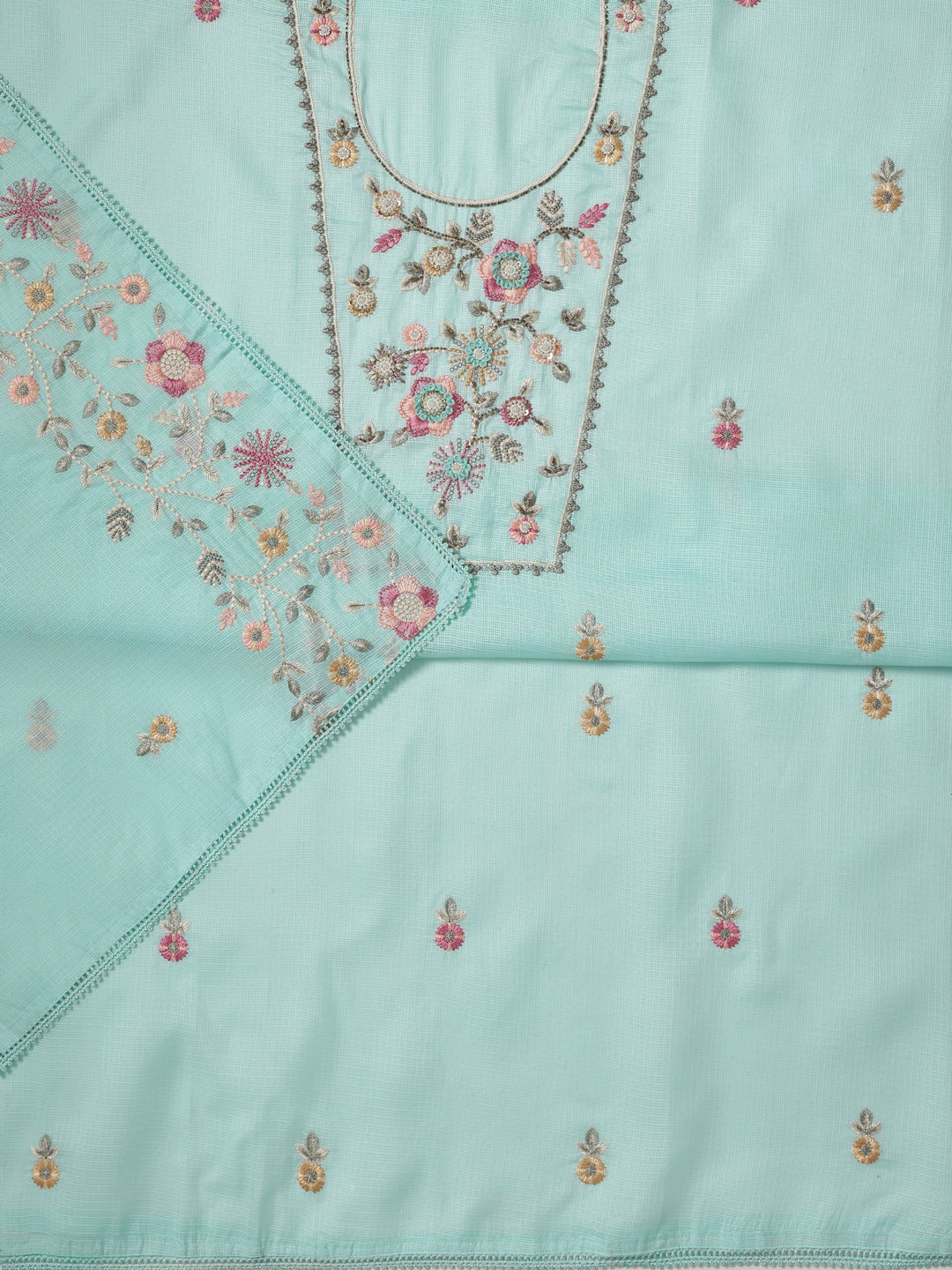 Blue Embroidered Silk blend Dress Material With Dupatta