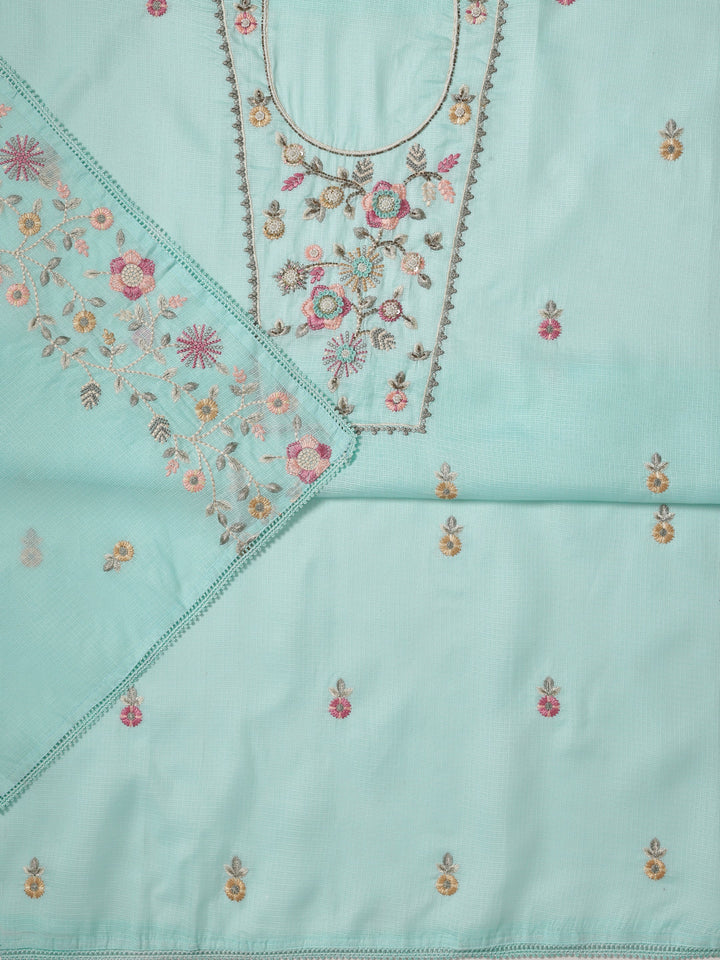 Blue Embroidered Silk blend Dress Material With Dupatta