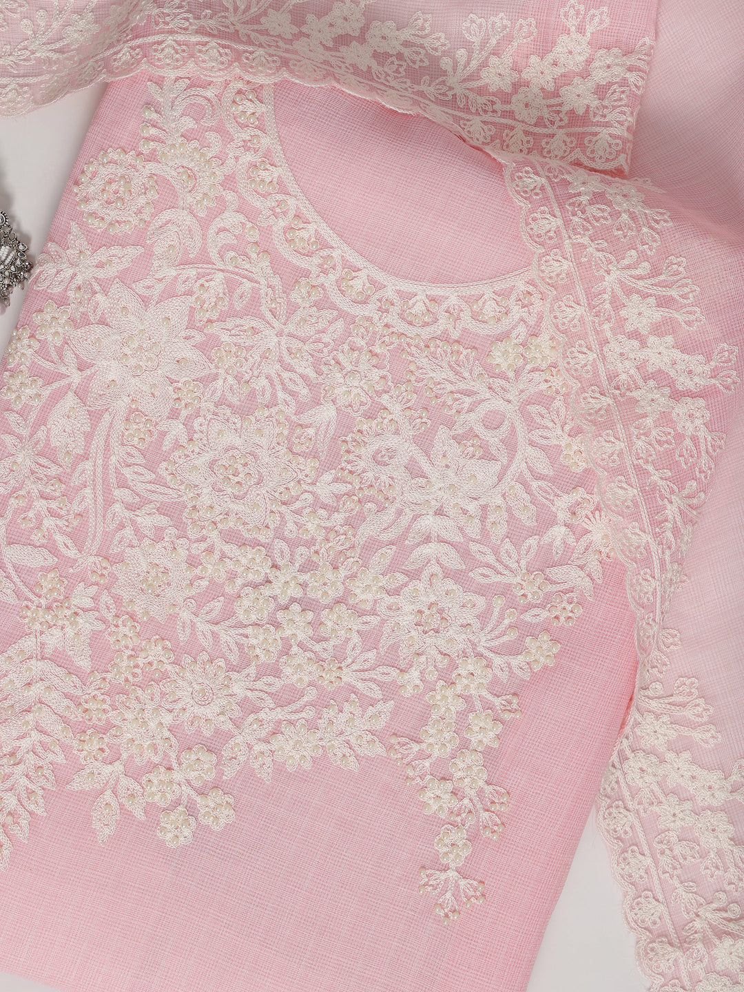 Pink Embroidered Silk blend Dress Material With Dupatta